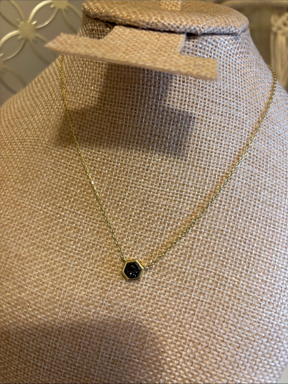 Gold Hexagon Black Druzy Pendant Necklace